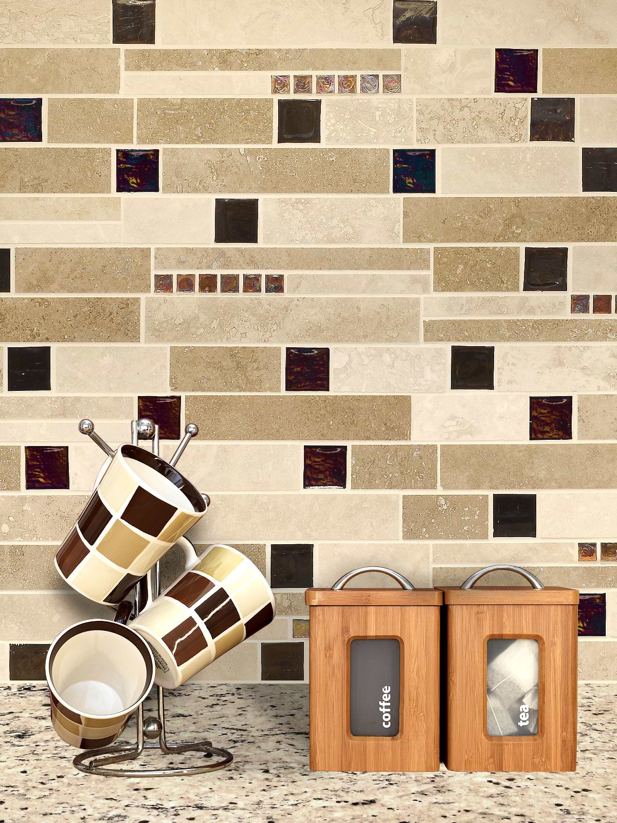 Brown glass travertine mix backsplash tile from Backsplash.com