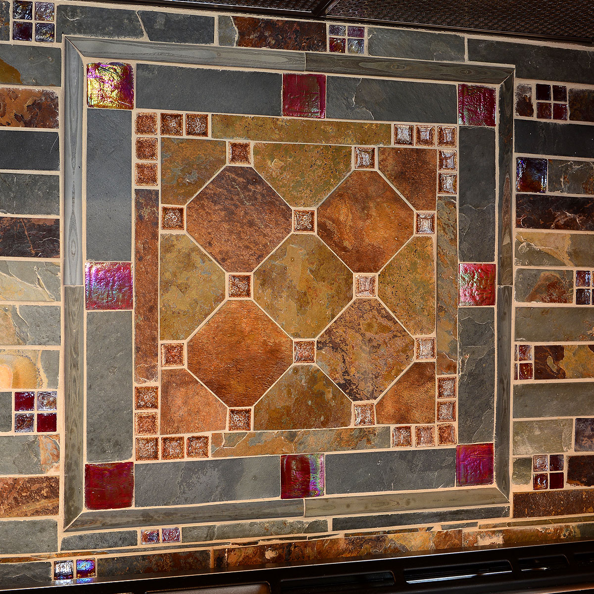 Slate and Burgundy Glass Backsplash Medallion Red Brown Quartz Countertop BA1026