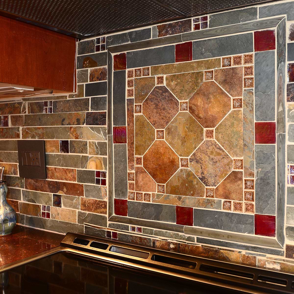Slate and Burgundy Glass Backsplash Medallion Red Brown Quartz Countertop BA1026