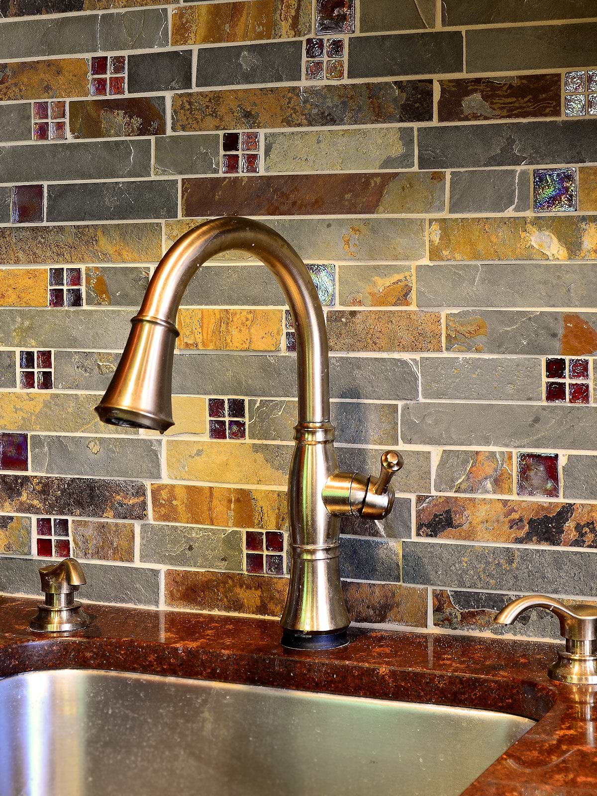 Slate and Burgundy Glass Backsplash Tile Red Brown Quartz Countertop BA1026
