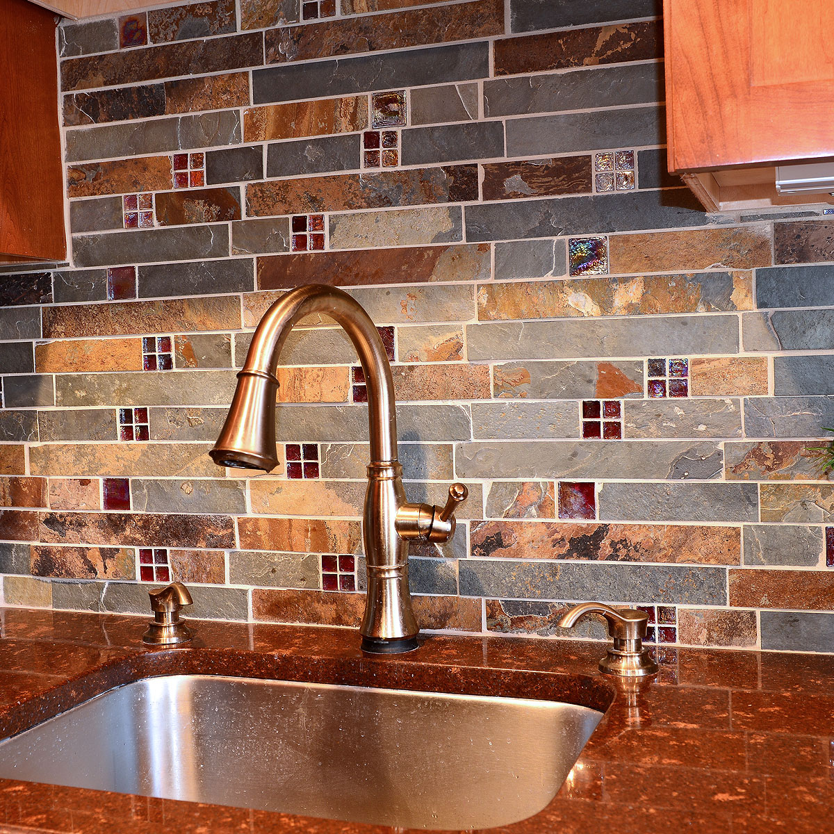 Slate and Burgundy Glass Backsplash Tile Red Brown Quartz Countertop BA1026
