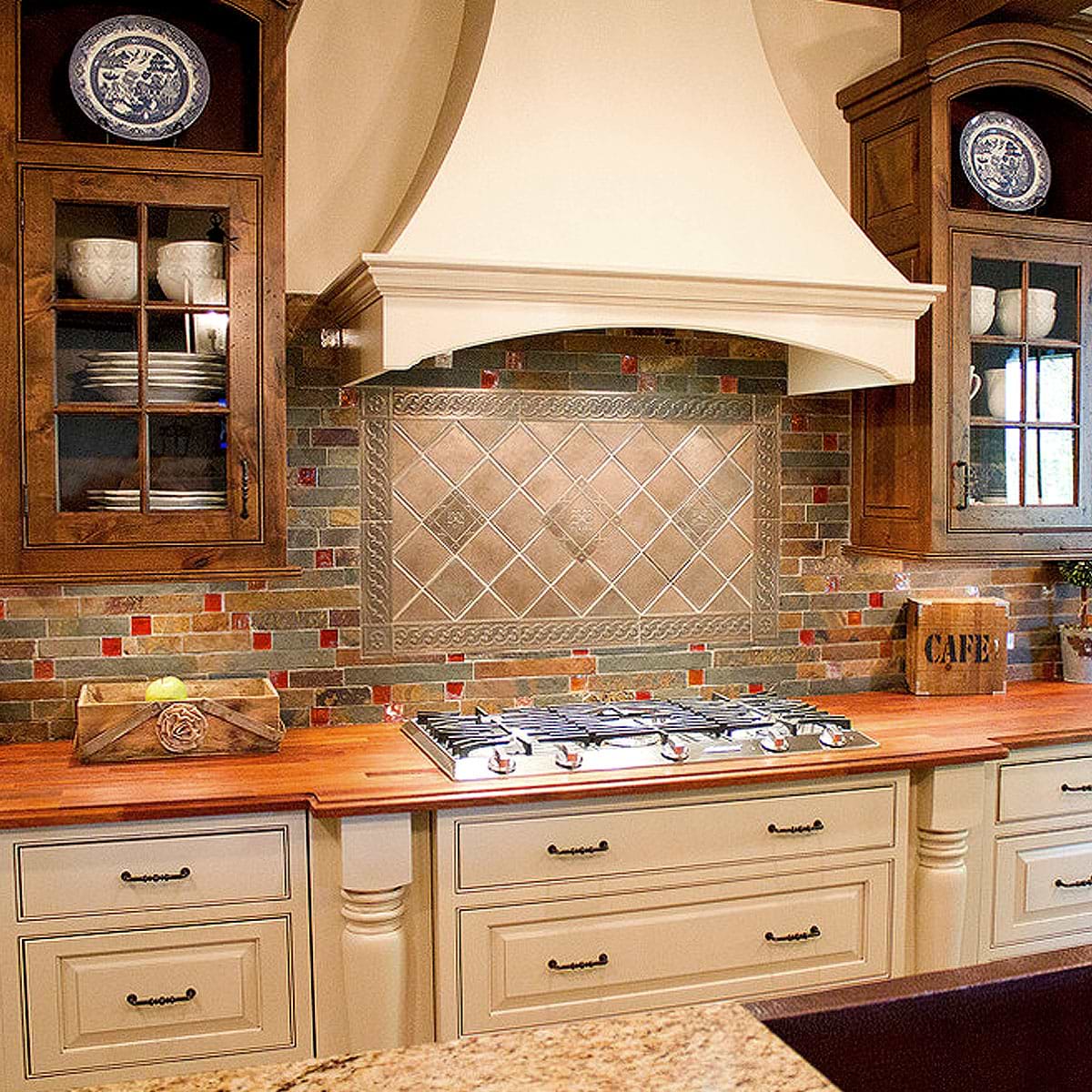 Slate Burgundy Glass Mosaic Backsplash Tile Brown Wood Countertop BA1026