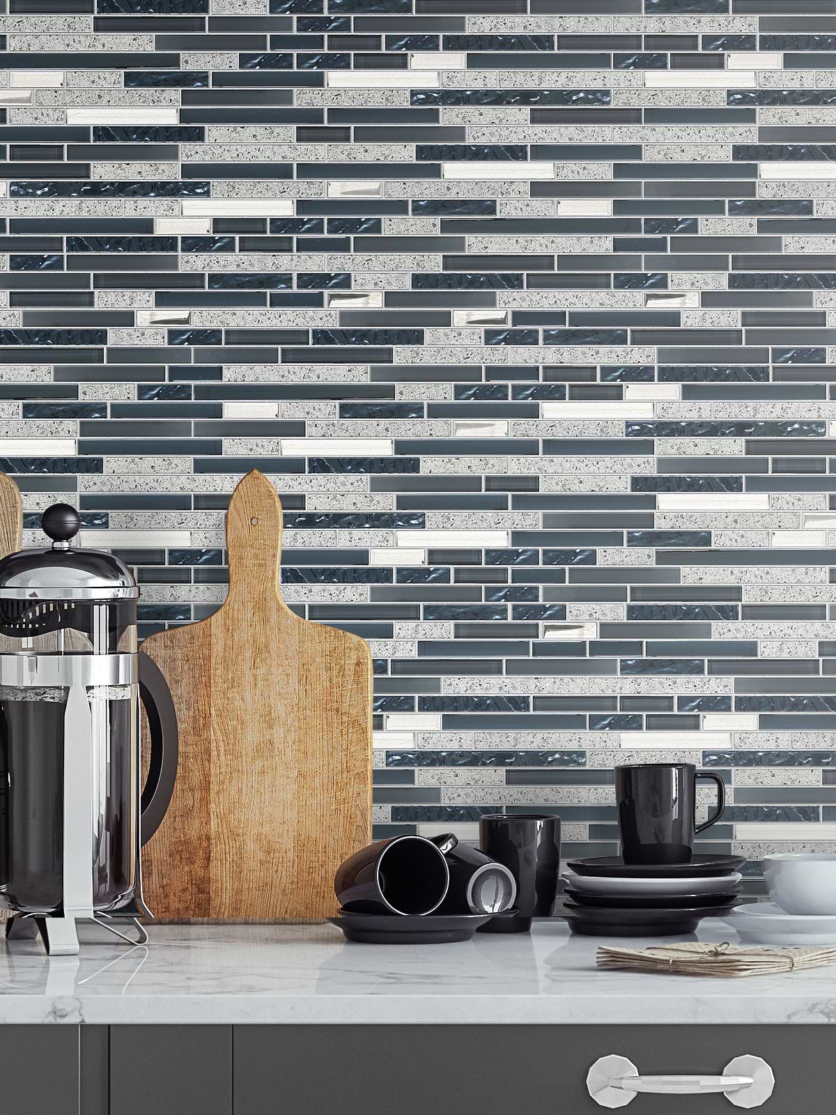Gray Blue Quartz Glass Kitchen Backsplash Tile Cabinet Cambria Countertop BA62037