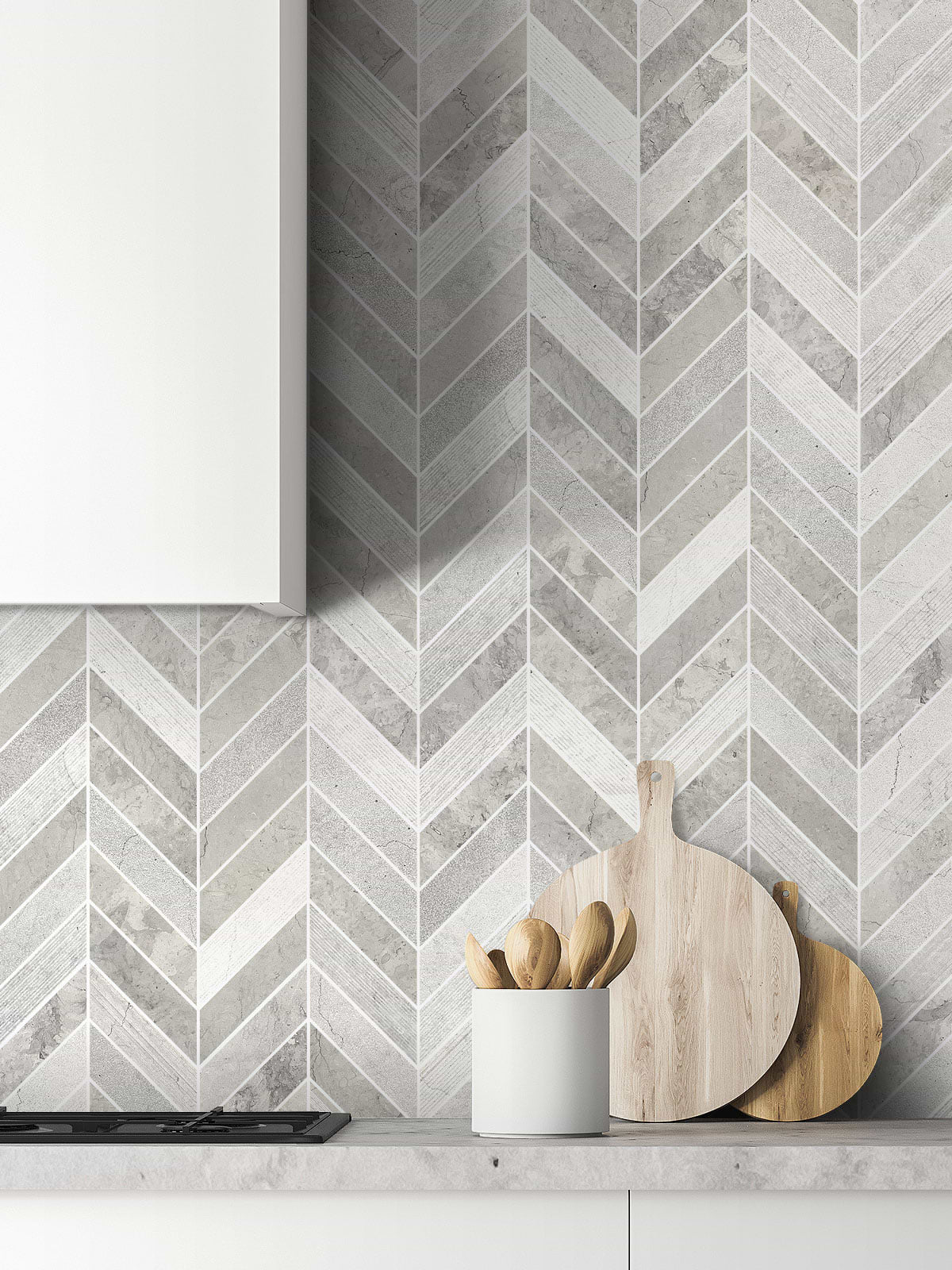 Gray modern limestone chevron mosaic backsplash tile white cabinet countertop BA631612