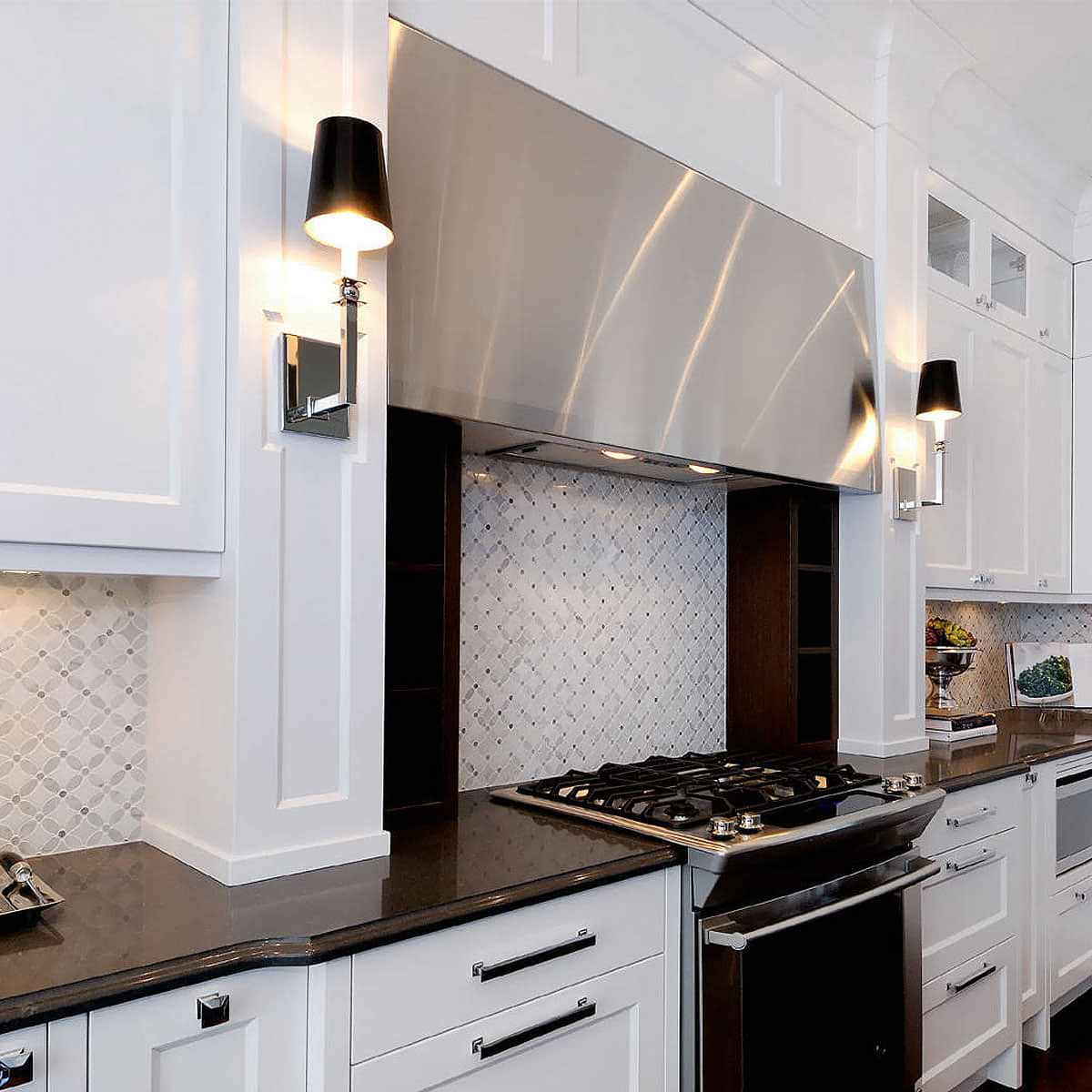 Flower marble mosaic backsplash tile white cabinet white granite countertop BA45056