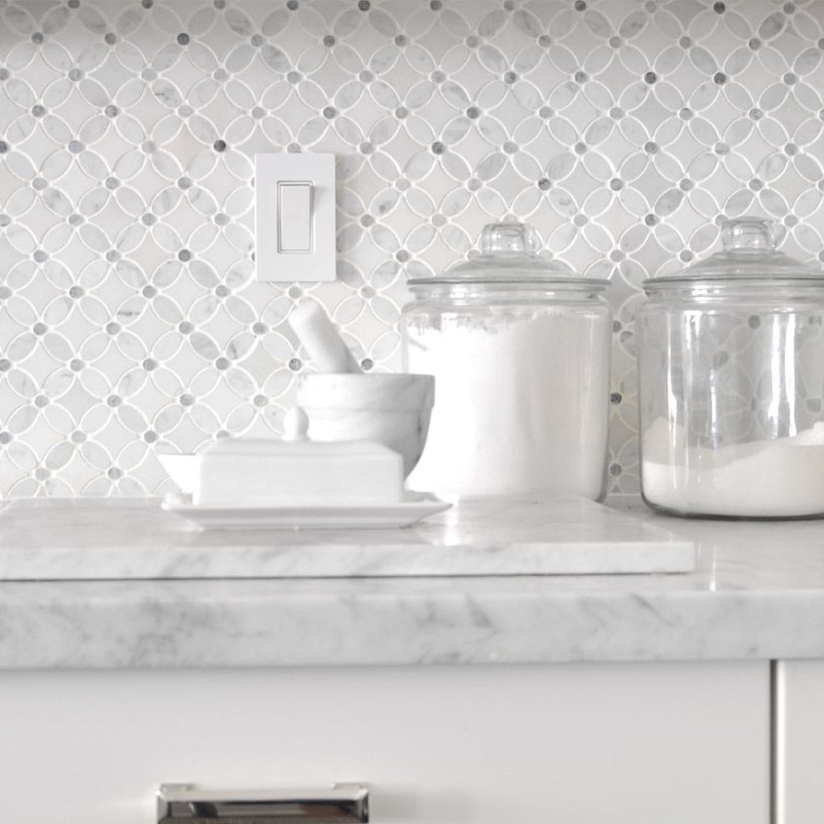 Flower pattern marble mosaic tile white carrara countertop cabinet BA45056