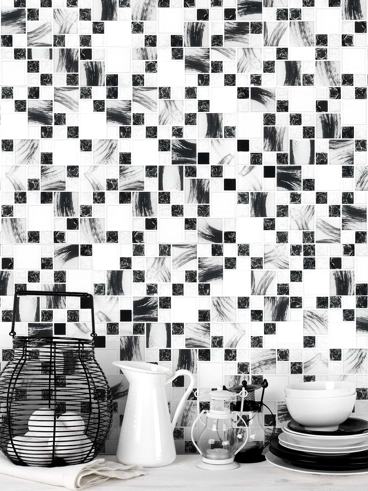 Black White Glass Mosaic Backsplash Tile BA64002
