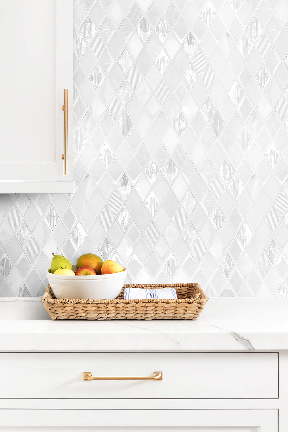 White Backsplash Tile Glass And Marble With Marble Countertop