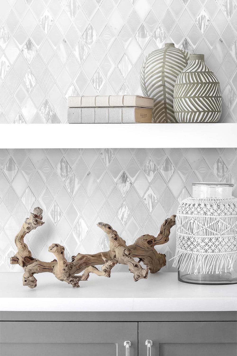 White Backsplash Tile Gray Cabinet White Quartz Countertop