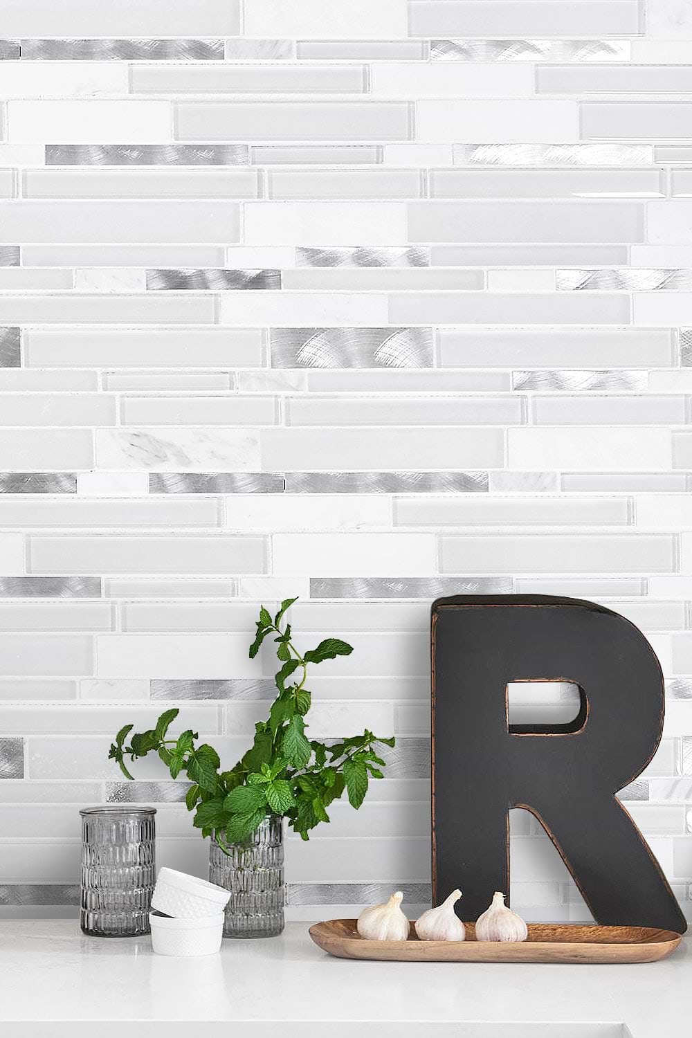 Modern style glass marble and metal mixed white kitchen backsplash tile. #whitebacksplash #glassbacksplash #metalbacksplash #modernbacksplash #marblebacksplash