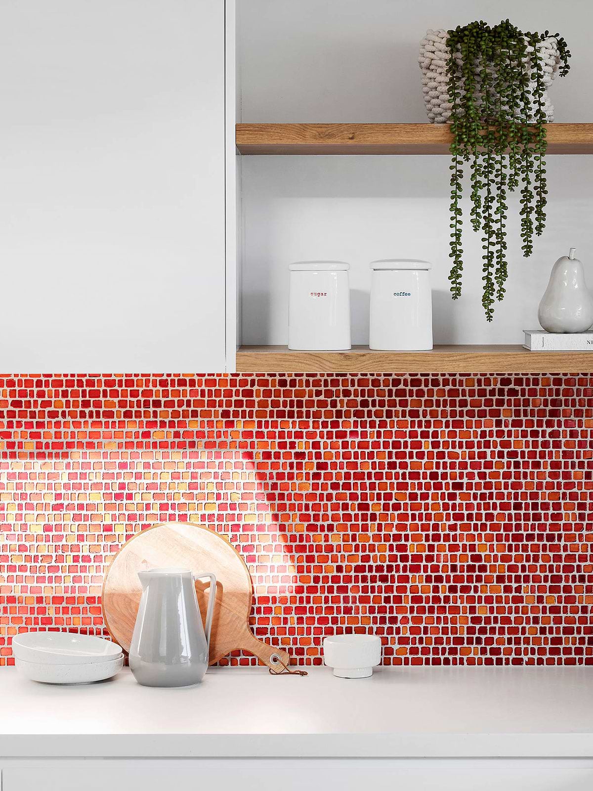 Red Glass Kitchen Backsplash Tile White Cabinet