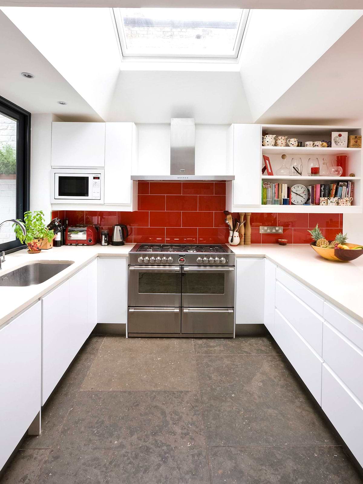 Red Subway Kitchen Backs lash White Cabinet