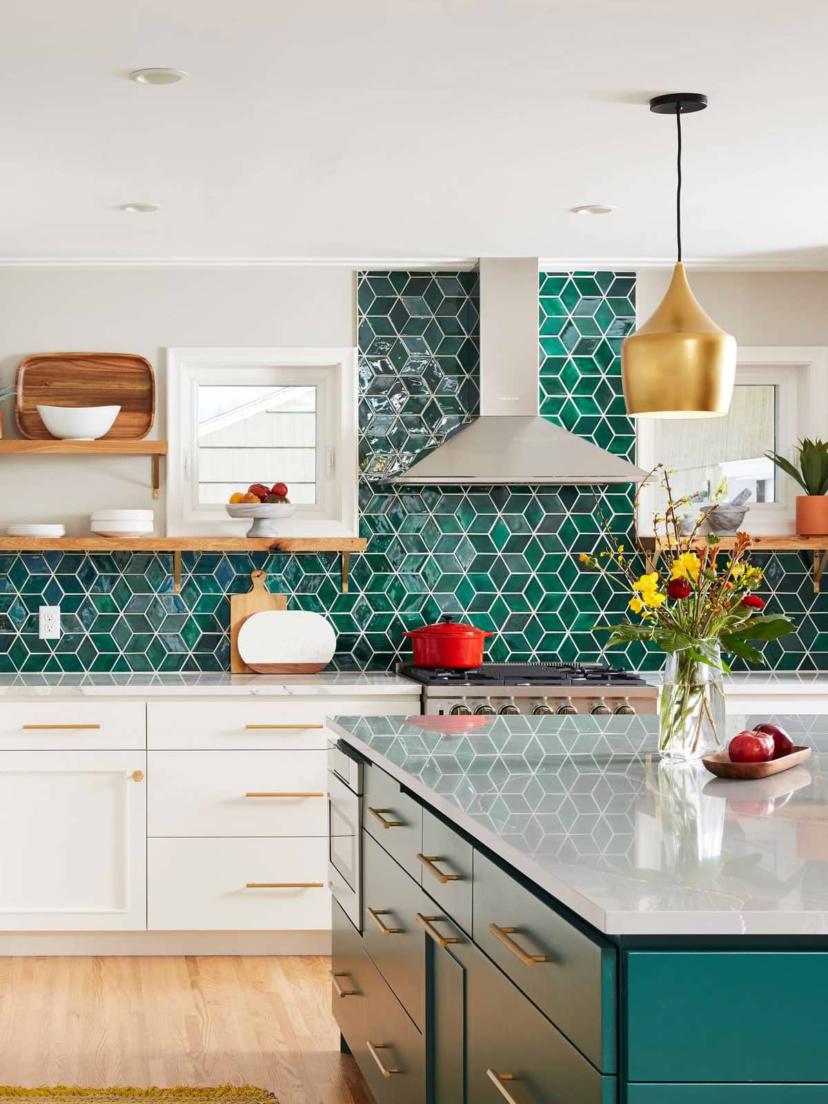 White Ktchen Cabinets Green Glass backsplash Tile