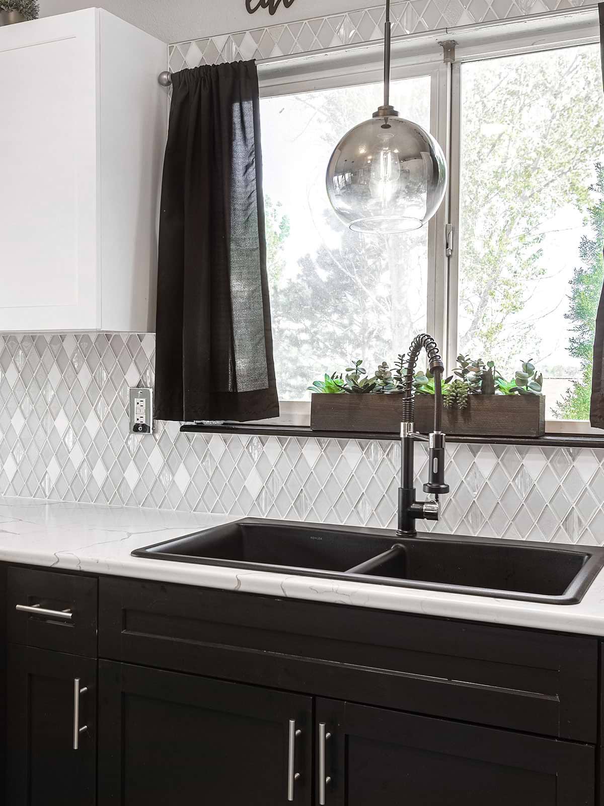 Espresso And White Cabinet Black Kitchen Sink White Glass And Marble Backsplash BA62046
