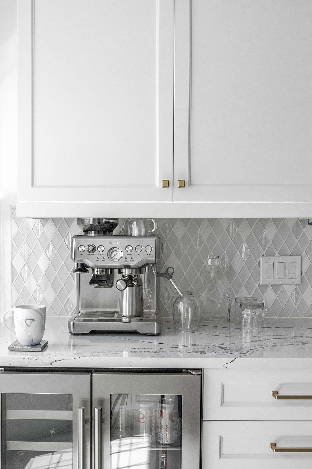 White Countertop With Dark Veins White Kitchen Cabinet White Backsplash Tile BA62046