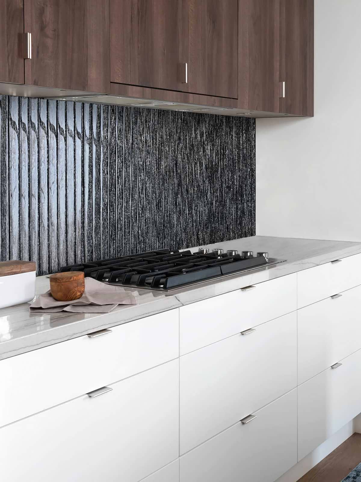 White Kitchen Shimmery Black Glass Backsplash Tile