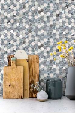Blue Backsplash Tile Quartz White Countertop