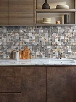 Modern brown cabinets metal glass backsplash tile BA62010