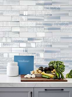 Gray Countertop with Blue Glass Subway Tile BA5507