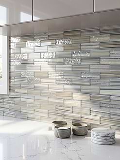 Glossy White Cabinets White Delicate Gray Veined Quartz Countertops with Glass Subway Tile BA5565