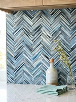 Light Oak Cabinets White Delicate Gray Veined Marble Countertops with Blue Herringbone Tile BA5525