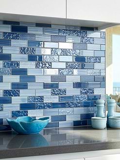 White Cabinets Gray Solid Surface Countertops with Blue Glass Subway Tile BA5530
