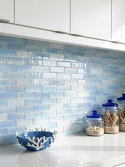 White Cabinets White Fine Sparkle Quartz Countertops with Blue Glass Subway Tile BA5560