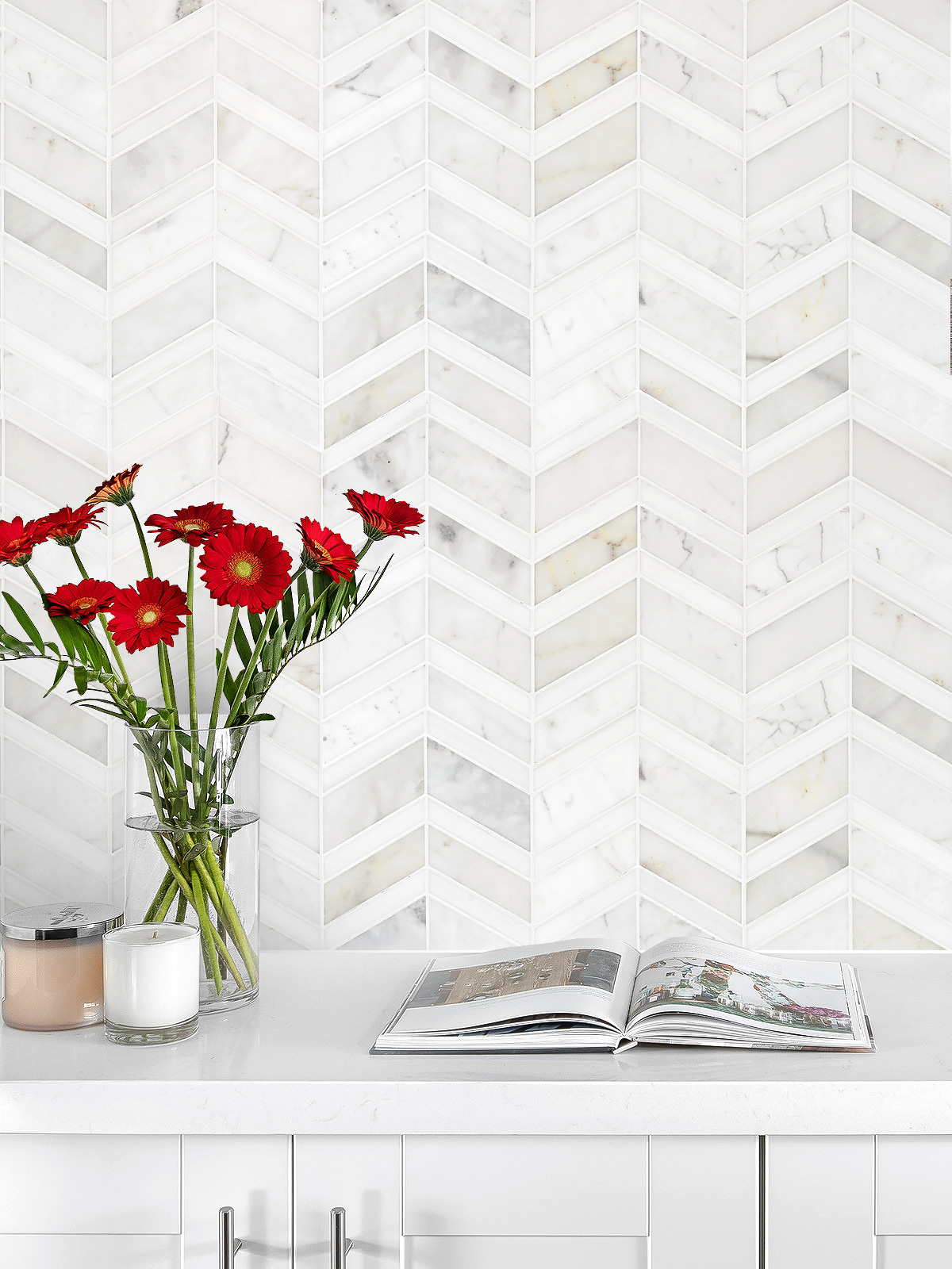 White Chevron Marble Backsplash