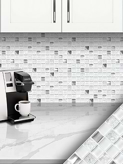 White Gray Glass Metal Kitchen Backsplash Cabinet Silestone Countertop BA1183