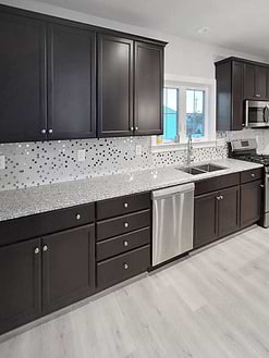 luna pearl granite countertop brown cabinet backsplash tile BA1183