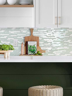 white and green cabinet quartz countertop with green backsplash tile BA1205