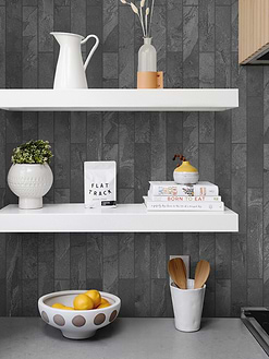 Gray quartz countertop with black slate mosaic BA1045