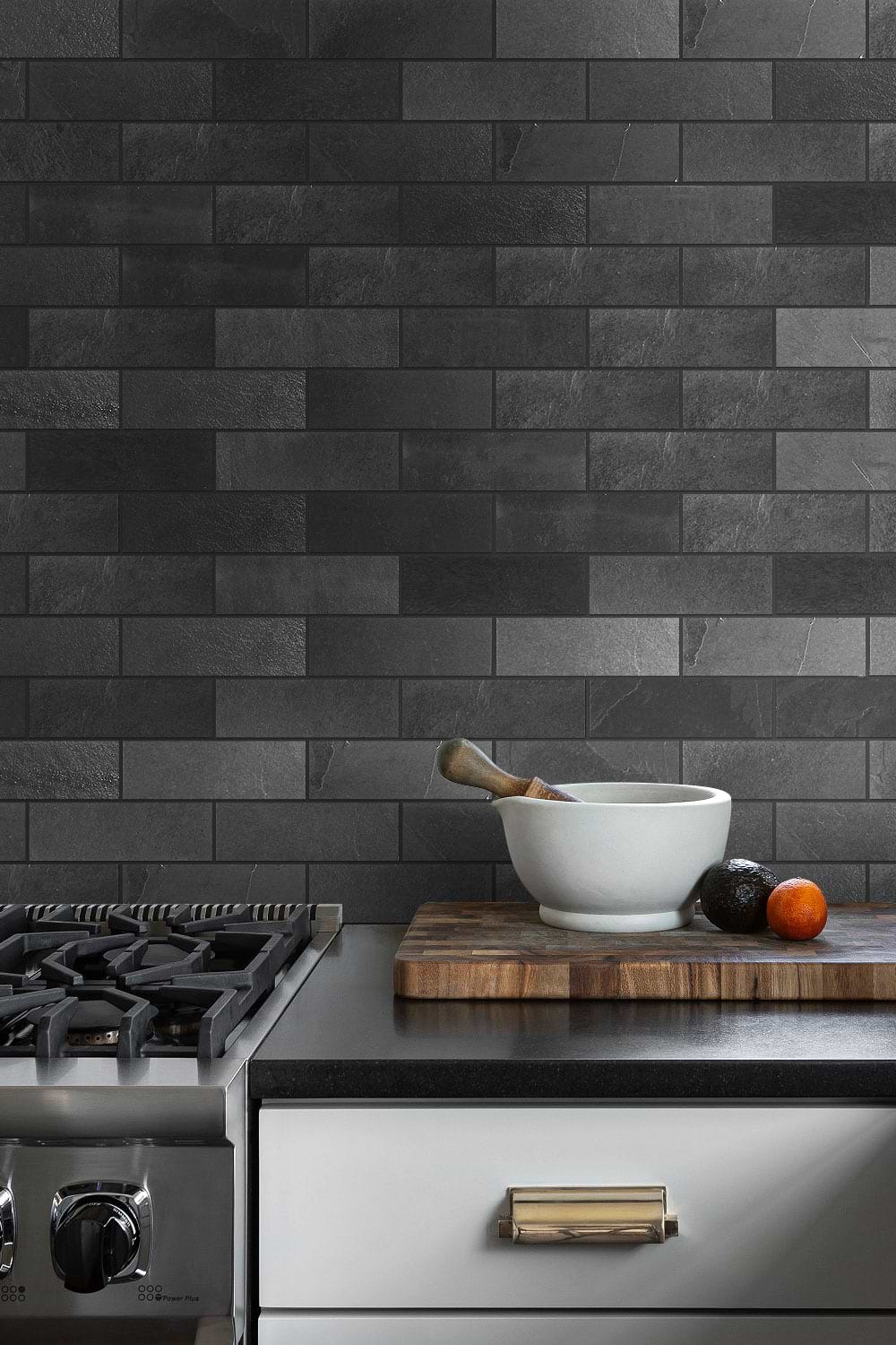 black granite countertop white cabinet black slate subway backsplash tile BA1070