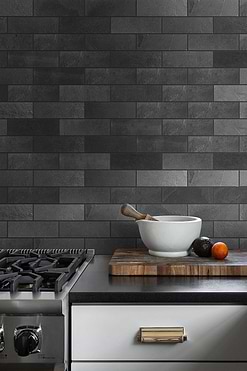 black granite countertop white cabinet black slate subway backsplash tile BA1070