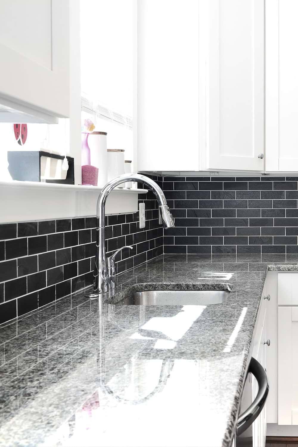 white cabinet new caledonia granite countertop slate subway bacskplash tile BA1070