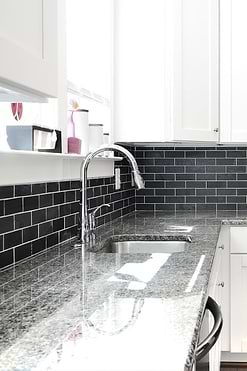 white cabinet new caledonia granite countertop slate subway bacskplash tile BA1070