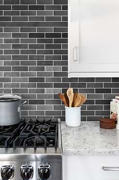 white quartz countertop white backsplash black slate subway backsplash tile BA1070