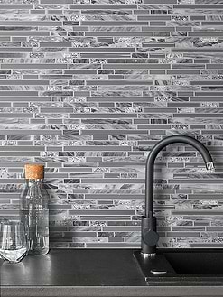 Gray glass marble kitchen backsplash cabinet cambria quartz countertop BA1037