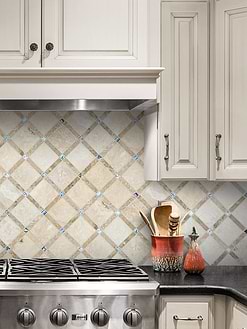 Black granite countertop beige cabinets travertine backsplash tile BA1029