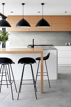 Brown Cabinet Gray Floor And Backsplash Modern Kitchen