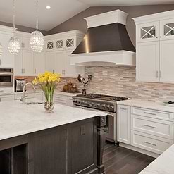 Calacatta gold island white cabinets modern subway backsplash tile BA1034