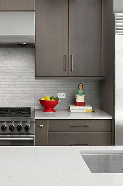 Contemporary Kitchen Brown Cabnets White Quartz Countertop