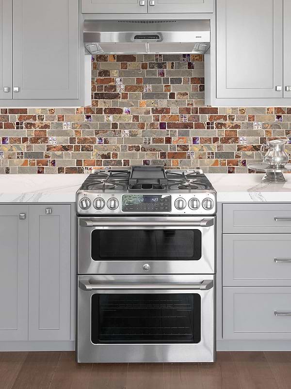 Gray Cabinet with Slate Burgundy Glass Backsplash Tile BA1026