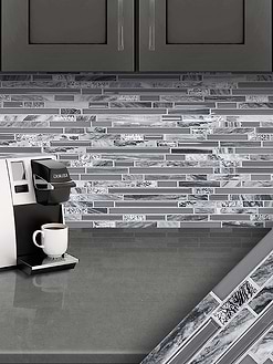 Gray glass marble kitchen backsplash cabinet cambria quartz countertop BA1037