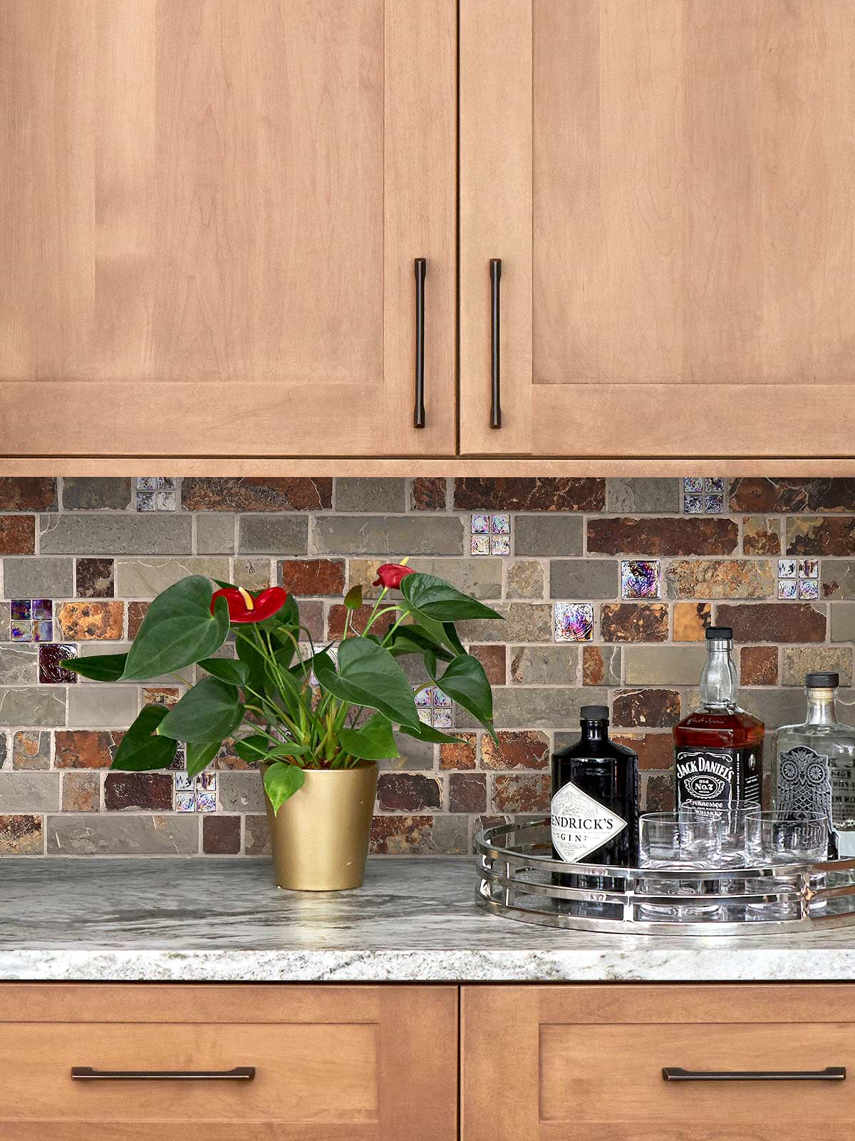 Light Brown Cabinet with Slate Burgundy Glass Backsplash Tile BA1026