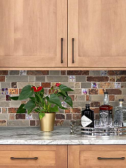 Light Brown Cabinet with Slate Burgundy Glass Backsplash Tile BA1026