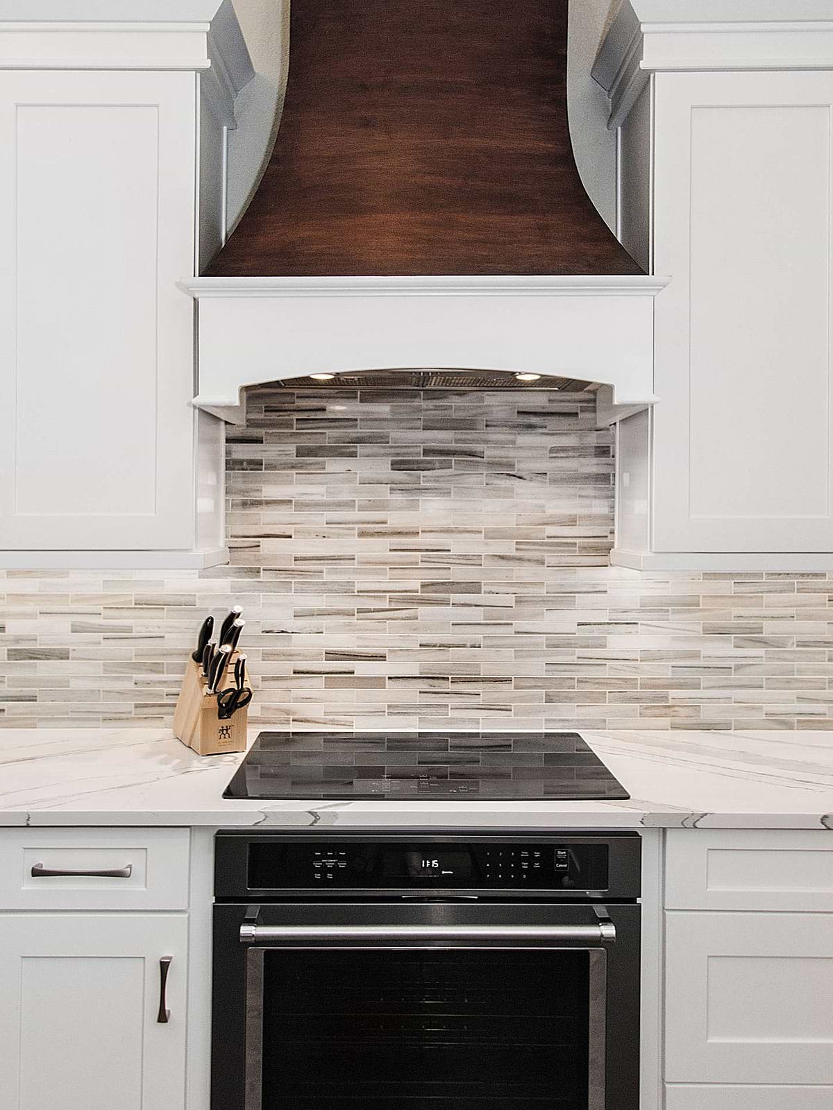 Modern white cabinet sink quartz countertop bronze hood subway marble backsplash tile BA1034
