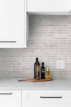 White Cabinets Transitional Kitchen Gray Backsplash