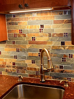Slate and Burgundy Glass Backsplash Tile Red Brown Quartz Countertop BA1026