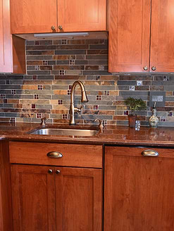 Slate and Burgundy Glass Backsplash Tile Red Brown Quartz Countertop BA1026